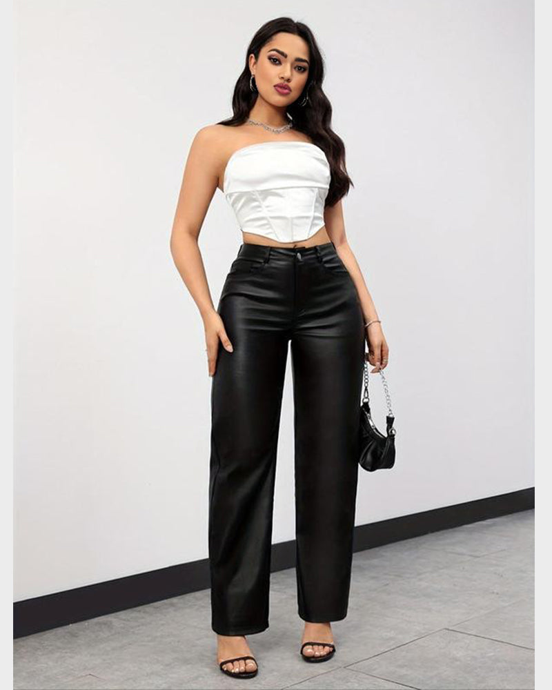 Chic High-Waist Faux Leather Straight-Leg Pants with Pockets for Women
