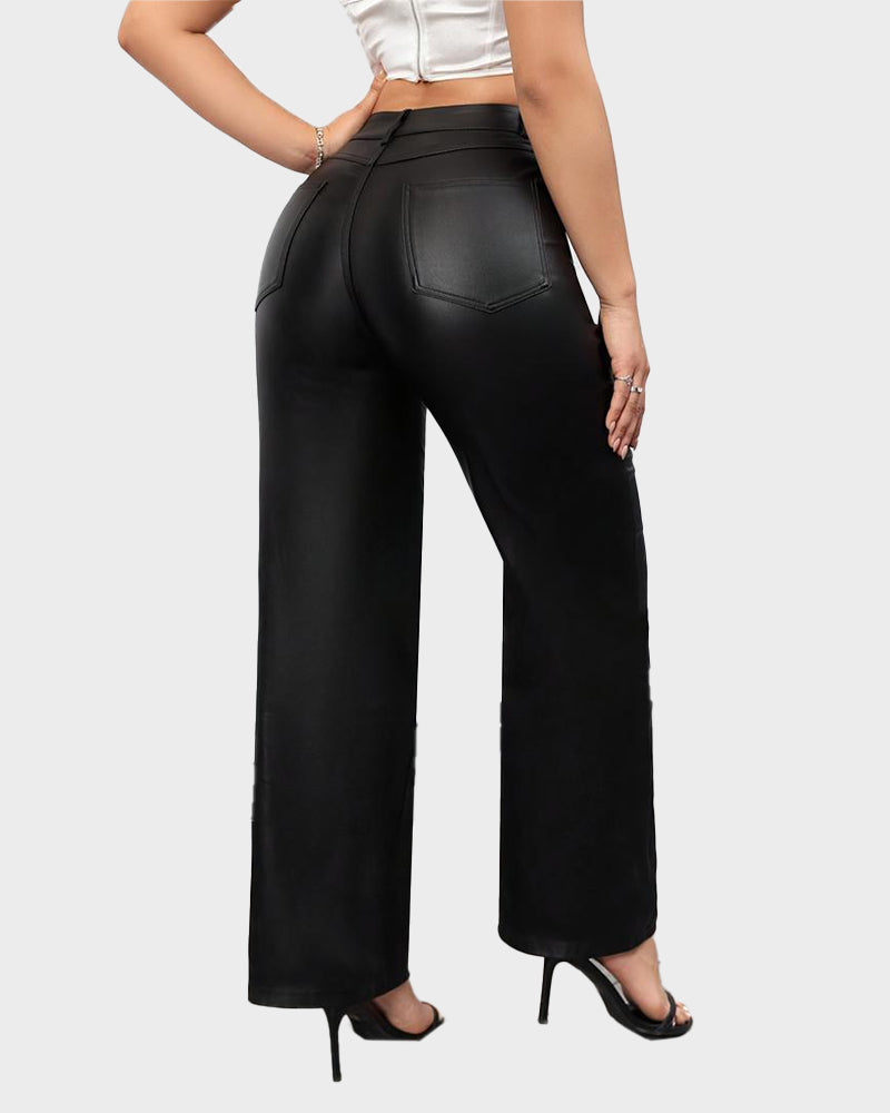 Chic High-Waist Faux Leather Straight-Leg Pants with Pockets for Women
