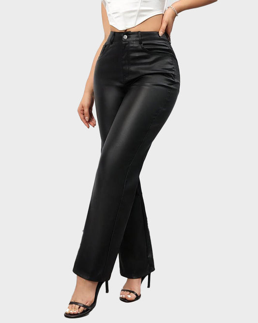 Chic High-Waist Faux Leather Straight-Leg Pants with Pockets for Women