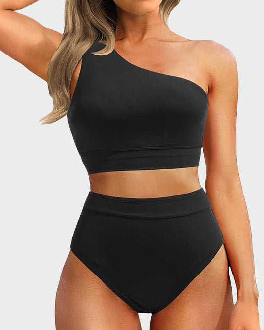 High-Waist One-Shoulder Tummy Control Bikini Set
