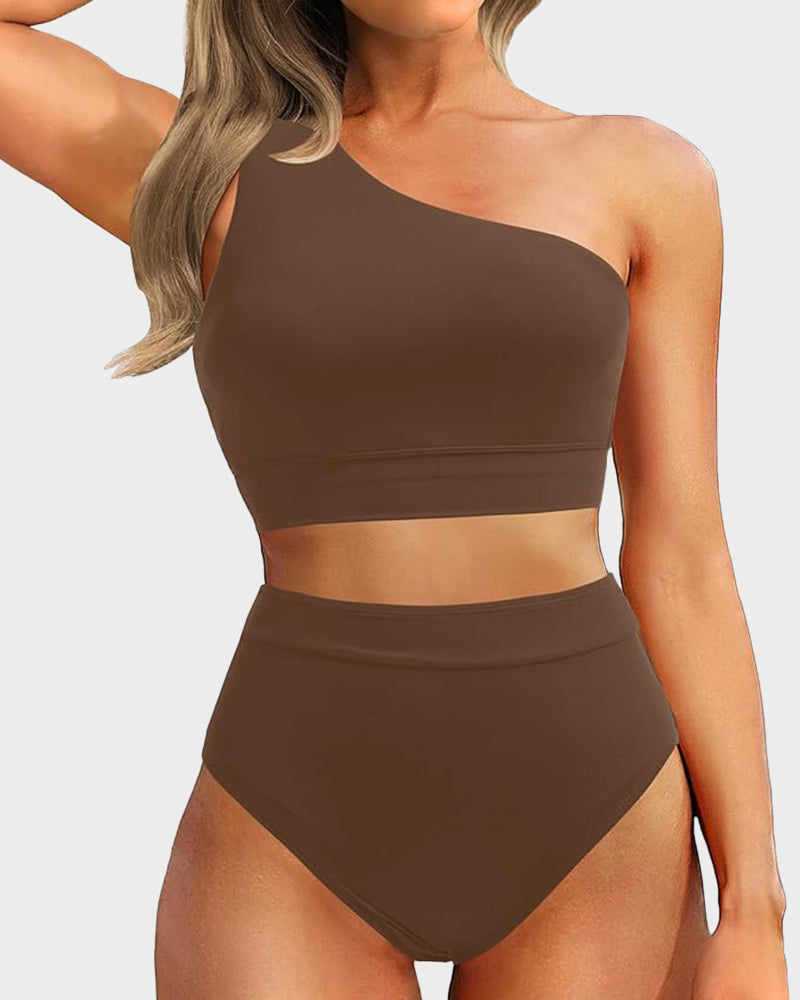 High-Waist One-Shoulder Tummy Control Bikini Set