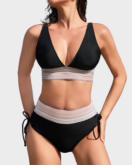Chic High Waisted Tummy Control Color Block Bikini Set for Women