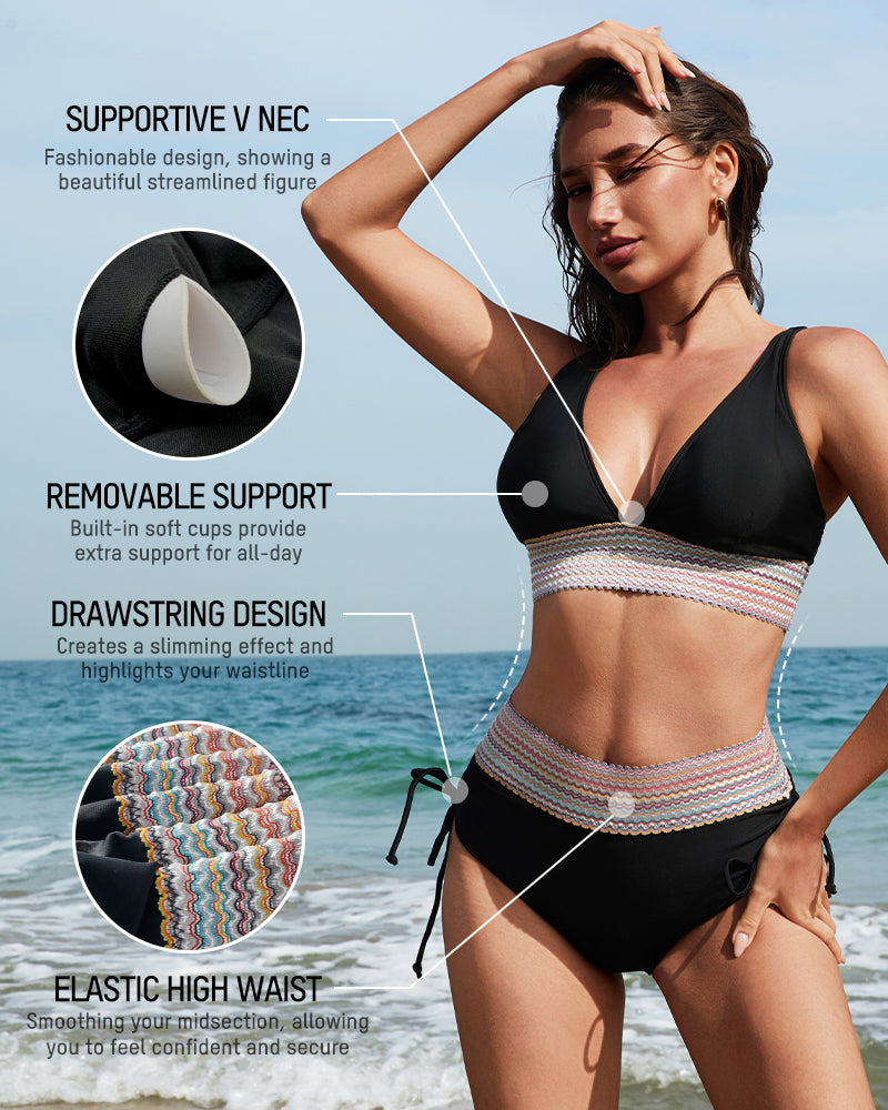 Chic High Waisted Tummy Control Color Block Bikini Set for Women