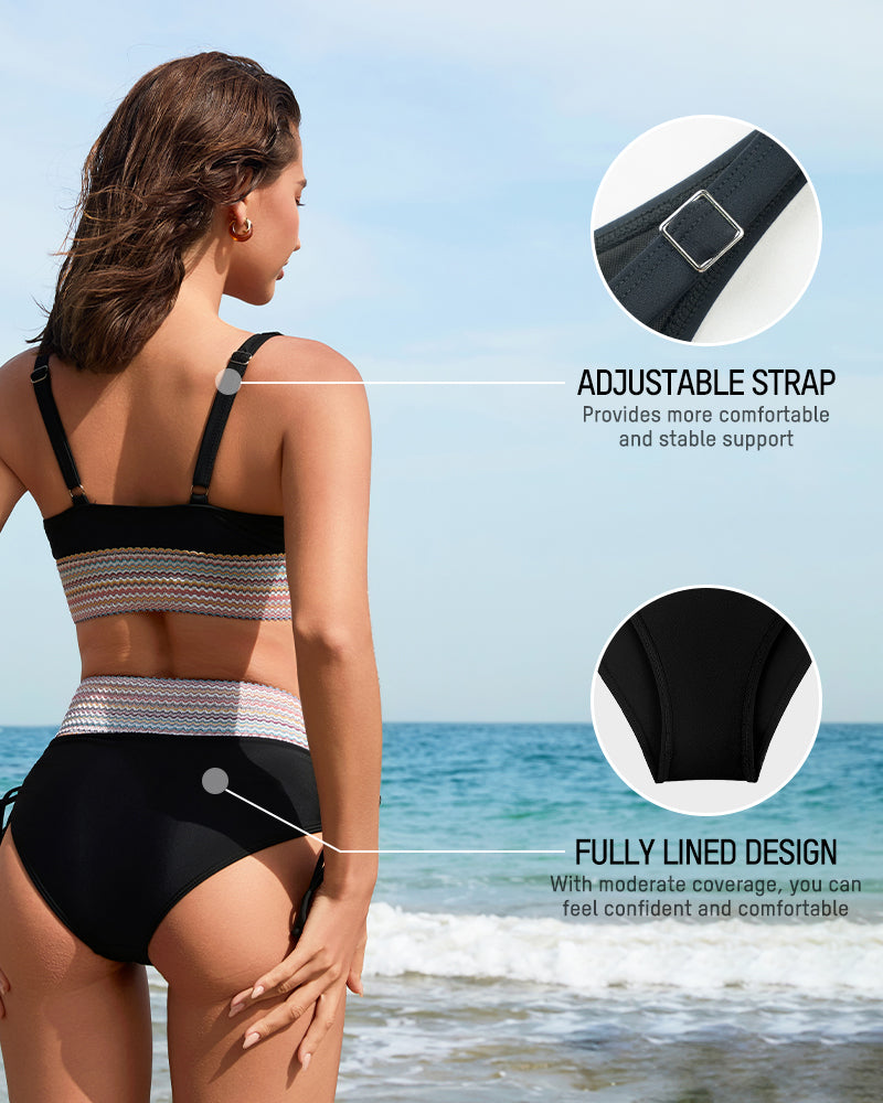 Chic High Waisted Tummy Control Color Block Bikini Set for Women