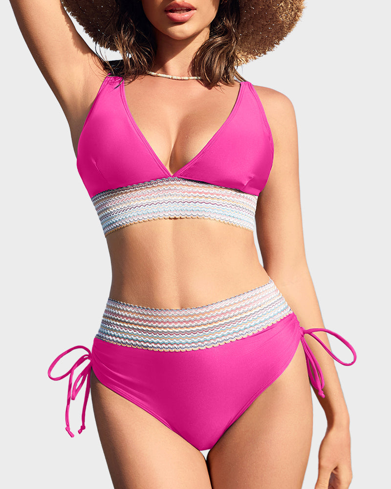 Chic High Waisted Tummy Control Color Block Bikini Set for Women