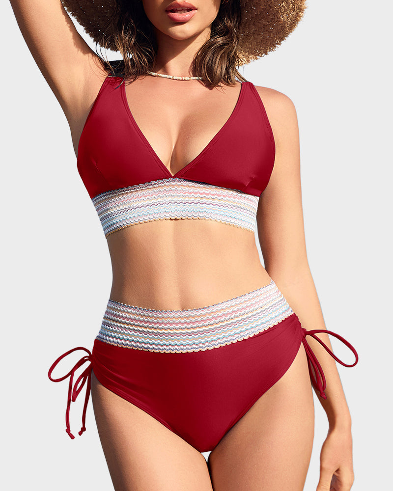 Chic High Waisted Tummy Control Color Block Bikini Set for Women