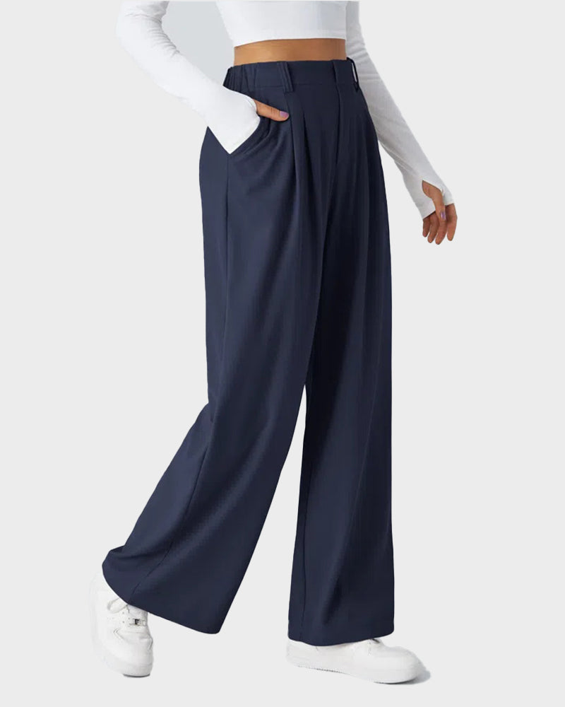 Cozy High Waisted Waffle Knit Wide Leg Pants with Functional Pockets