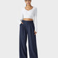 Cozy High Waisted Waffle Knit Wide Leg Pants with Functional Pockets