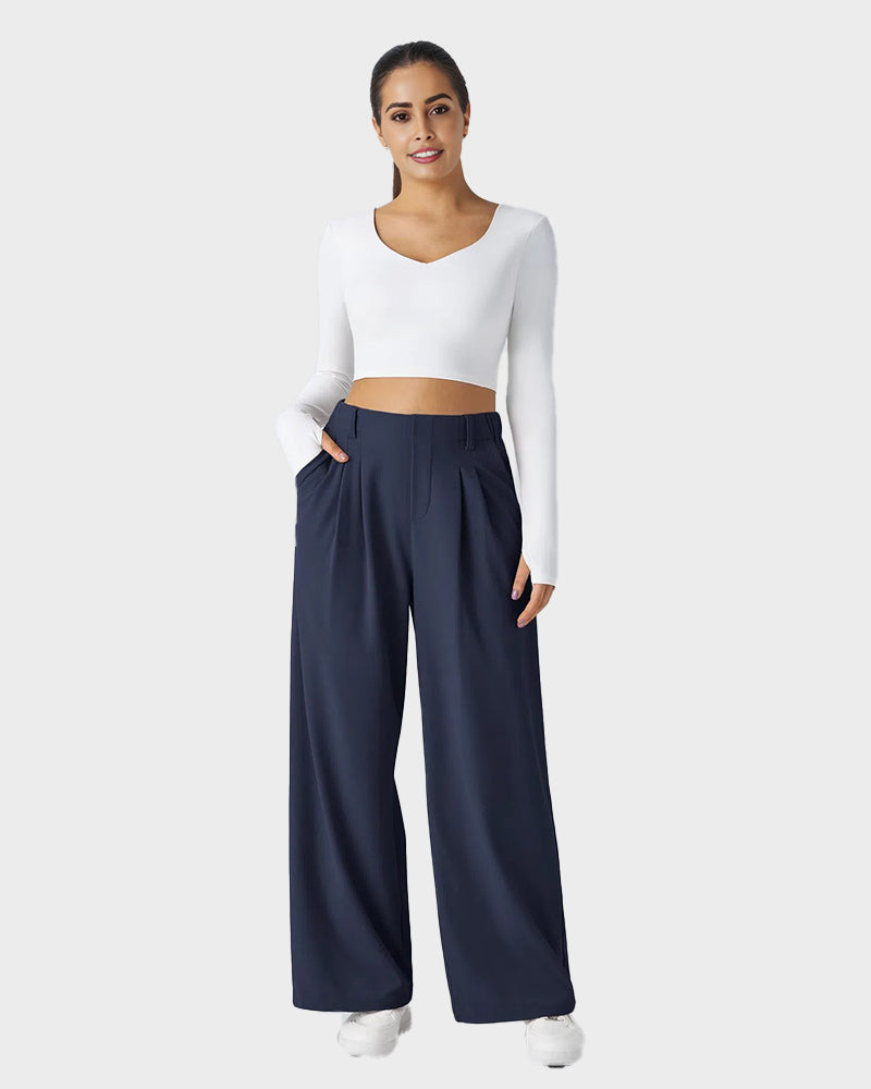Cozy High Waisted Waffle Knit Wide Leg Pants with Functional Pockets