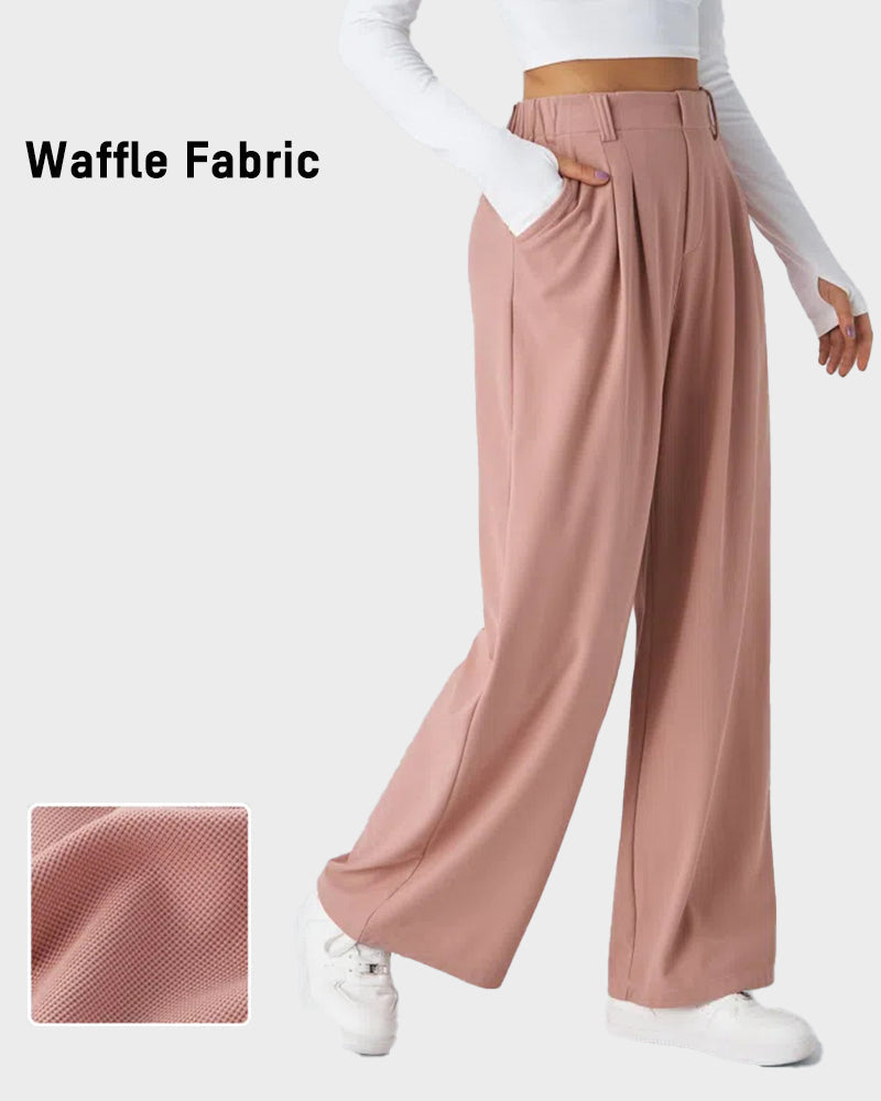 Cozy High Waisted Waffle Knit Wide Leg Pants with Functional Pockets