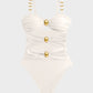 Glamorous Gold Beads Cut-Out Ruched One-Piece Swimsuit for Women, Elegant Beachwear