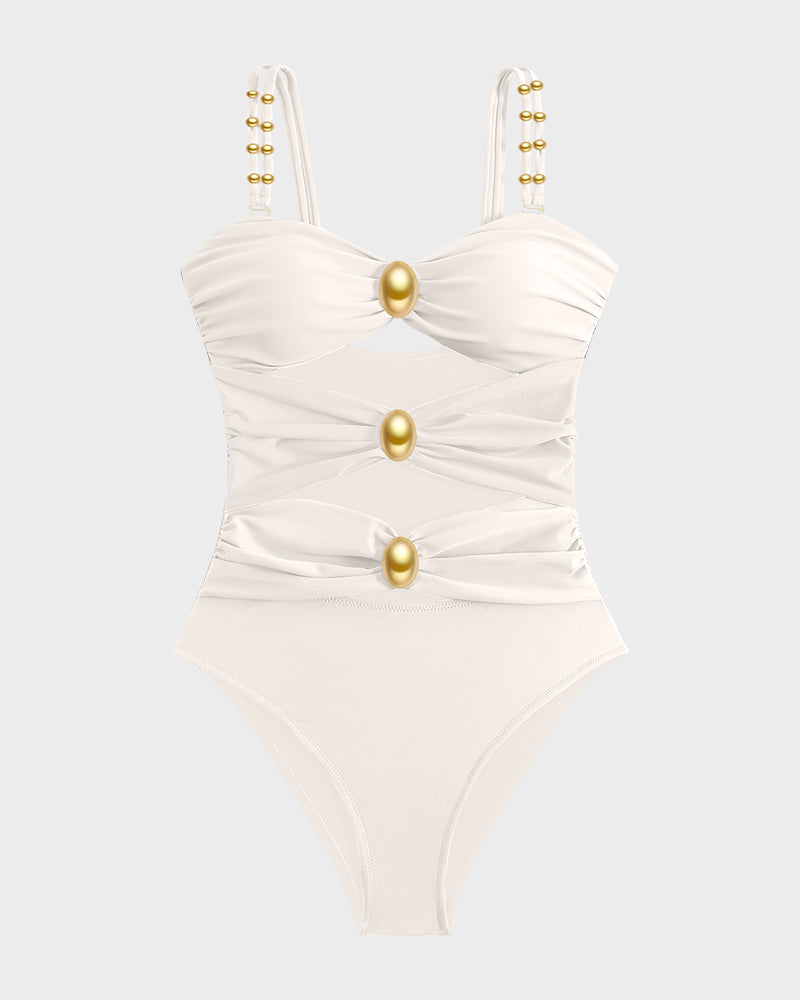 Glamorous Gold Beads Cut-Out Ruched One-Piece Swimsuit for Women, Elegant Beachwear