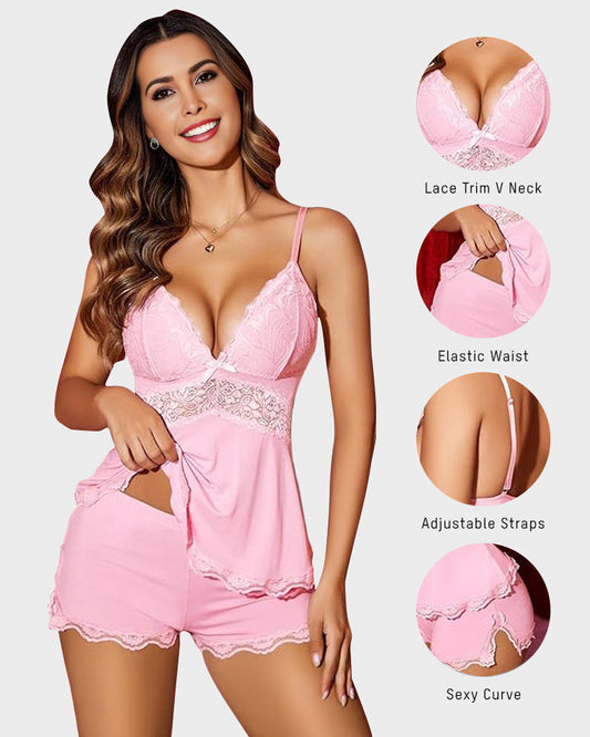 Luxurious Lace-Trim Modal Cami Shorts Pajama Set for Ultimate Comfort Lounging