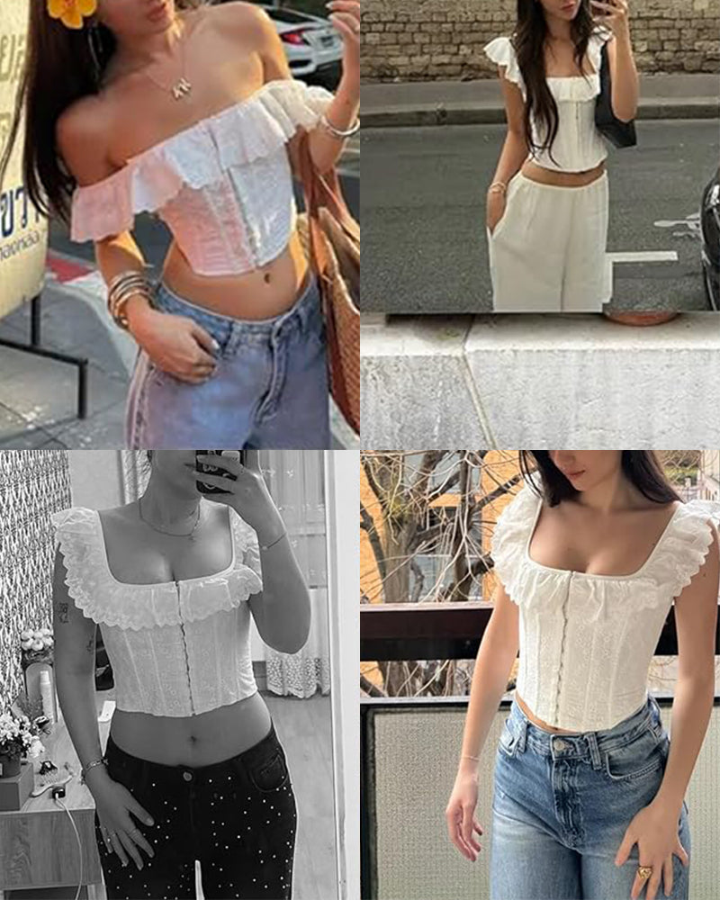 Chic Eyelet Ruffle Off-Shoulder Corset Top with Adjustable Lace-Up Back