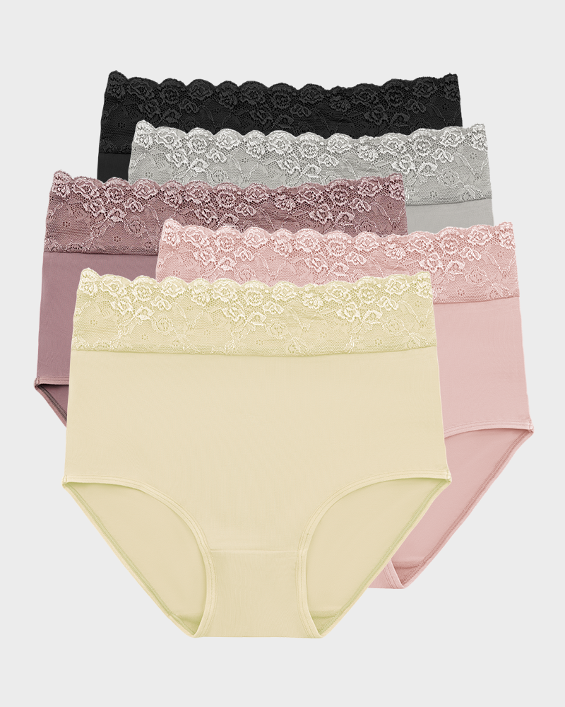 Soft Breathable High-Waist Cotton Hipster Panties, Lace Trim 5-Pack