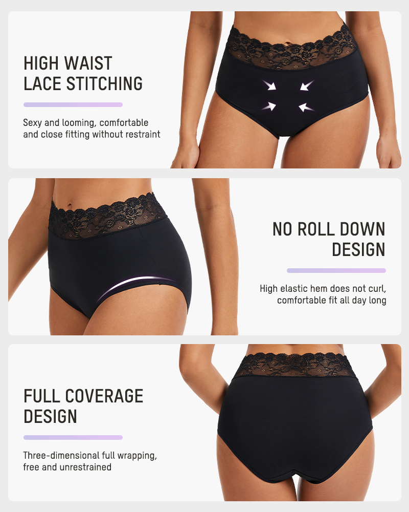Soft Breathable High-Waist Cotton Hipster Panties, Lace Trim 5-Pack