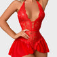 Sultry Floral Lace Halter Teddy Lingerie with Sheer Skirt & Open Crotch