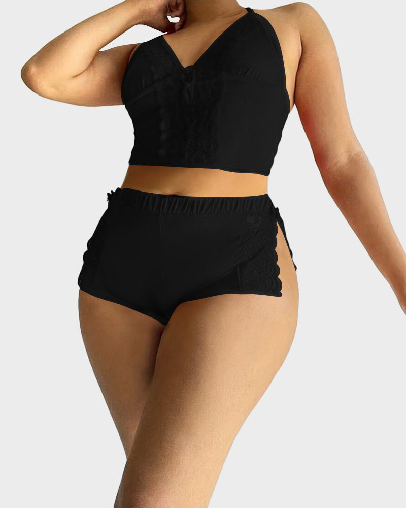 Luxurious Lace Trim Satin Pajama Set: Silky Cami Top and Flirty Split Shorts