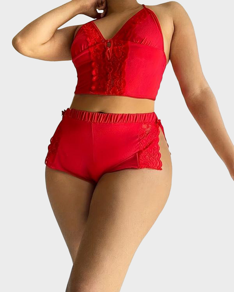 Luxurious Lace Trim Satin Pajama Set: Silky Cami Top and Flirty Split Shorts