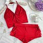 Luxurious Lace Trim Satin Pajama Set: Silky Cami Top and Flirty Split Shorts