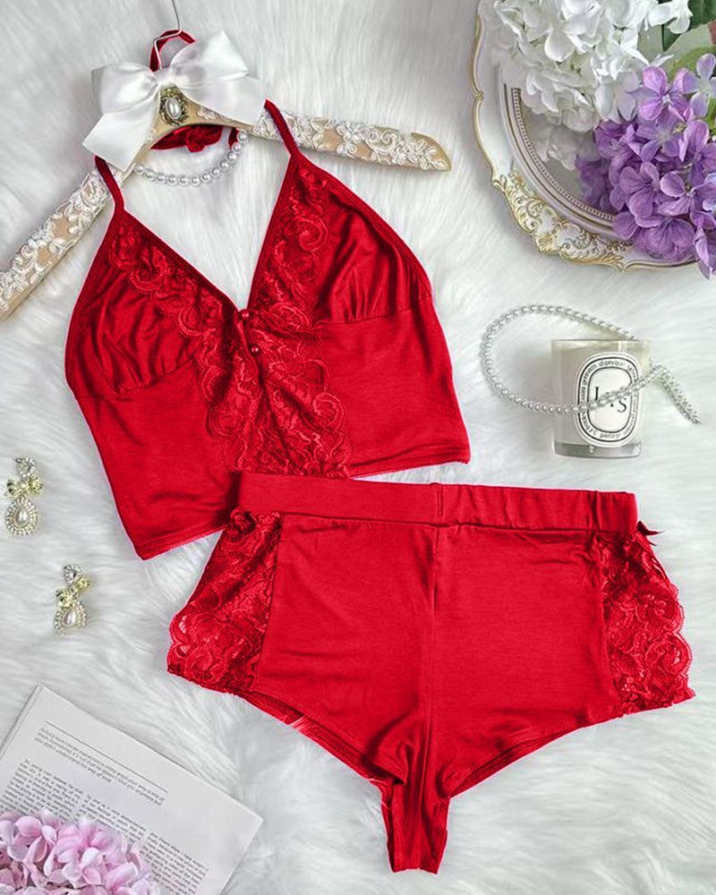Luxurious Lace Trim Satin Pajama Set: Silky Cami Top and Flirty Split Shorts