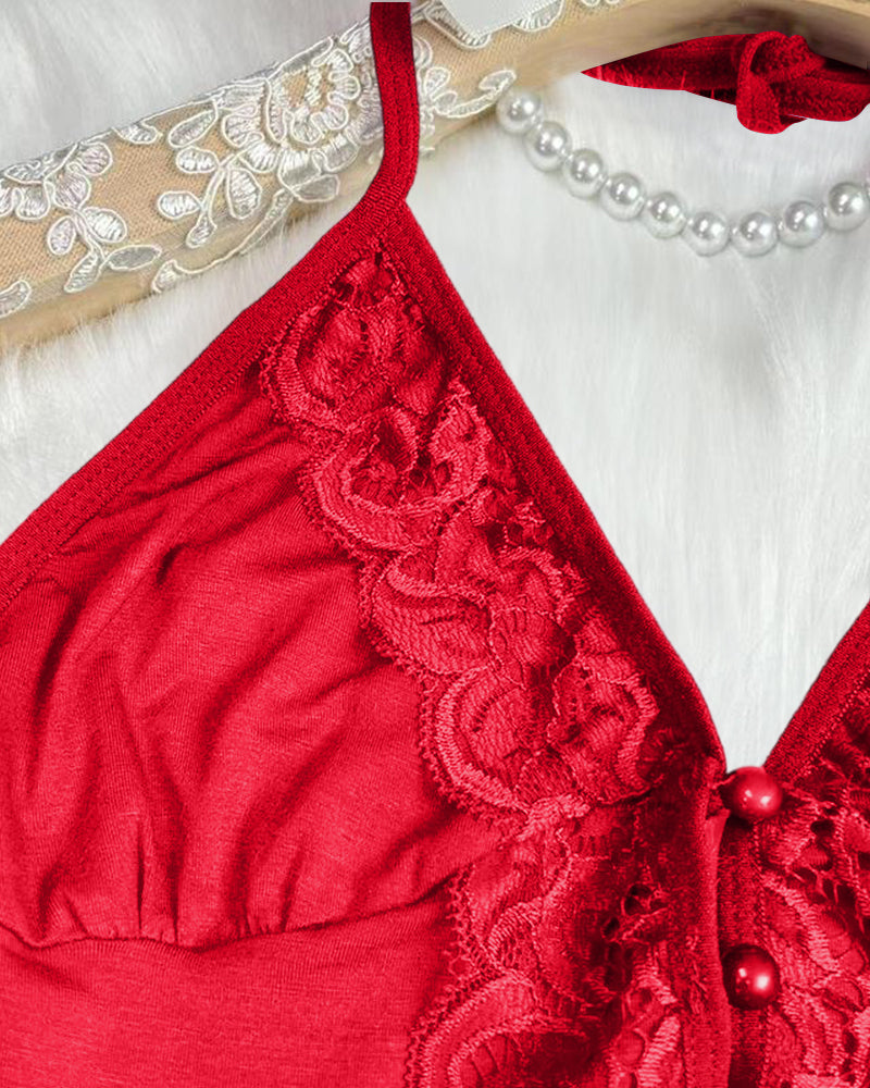 Luxurious Lace Trim Satin Pajama Set: Silky Cami Top and Flirty Split Shorts