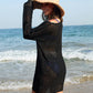 Elegant Long Sleeve Crochet Knit Beach Swim Cover-Up Dress - Sheer & Stylish