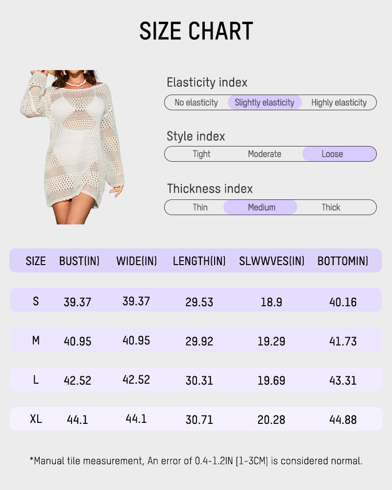Elegant Long Sleeve Crochet Knit Beach Swim Cover-Up Dress - Sheer & Stylish