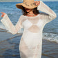 Elegant Long Sleeve Crochet Knit Beach Swim Cover-Up Dress - Sheer & Stylish