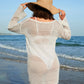 Elegant Long Sleeve Crochet Knit Beach Swim Cover-Up Dress - Sheer & Stylish
