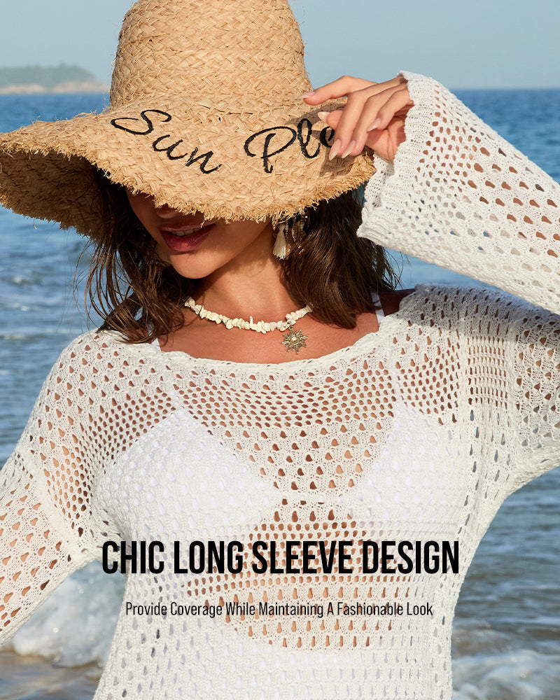 Elegant Long Sleeve Crochet Knit Beach Swim Cover-Up Dress - Sheer & Stylish