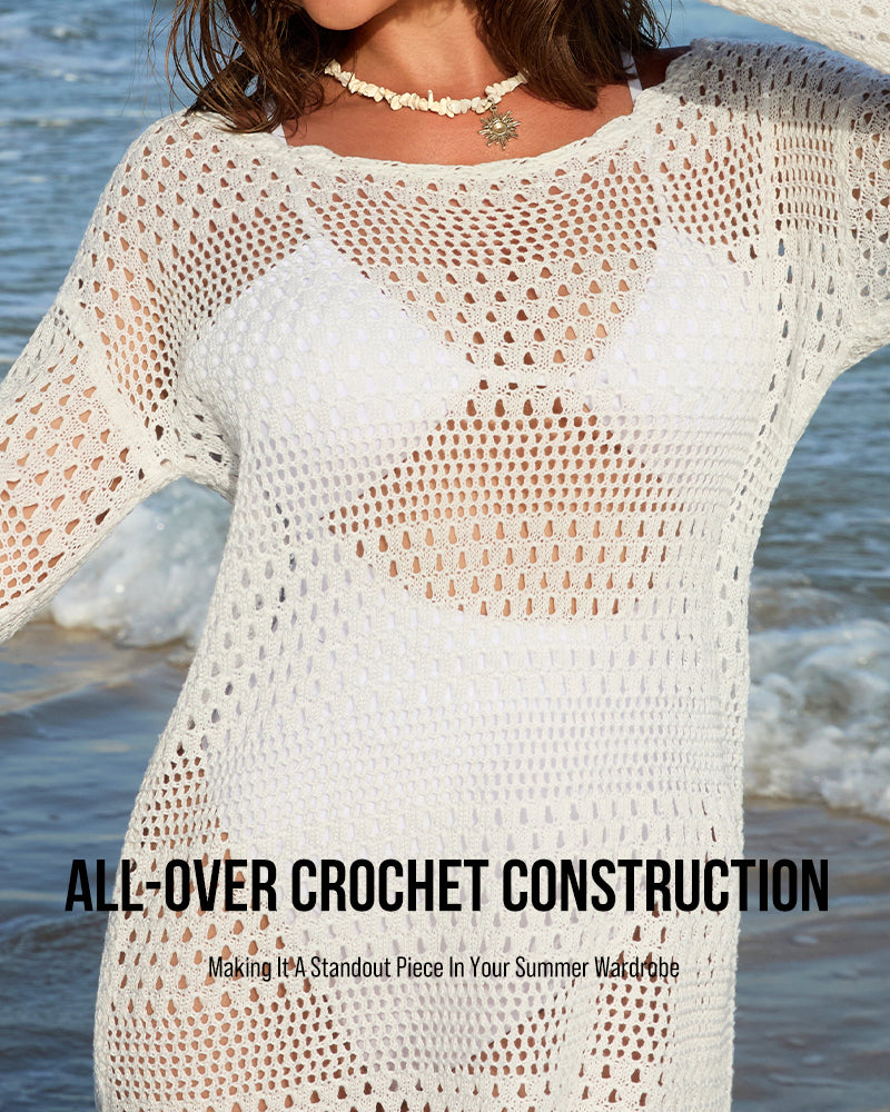 Elegant Long Sleeve Crochet Knit Beach Swim Cover-Up Dress - Sheer & Stylish
