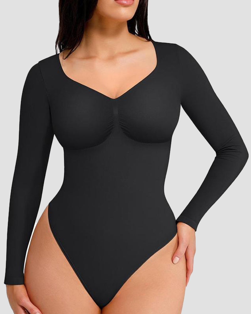 Sleek Long-Sleeve Shaping Bodysuit: Tummy Control, Soft, Versatile Diamond Neckline