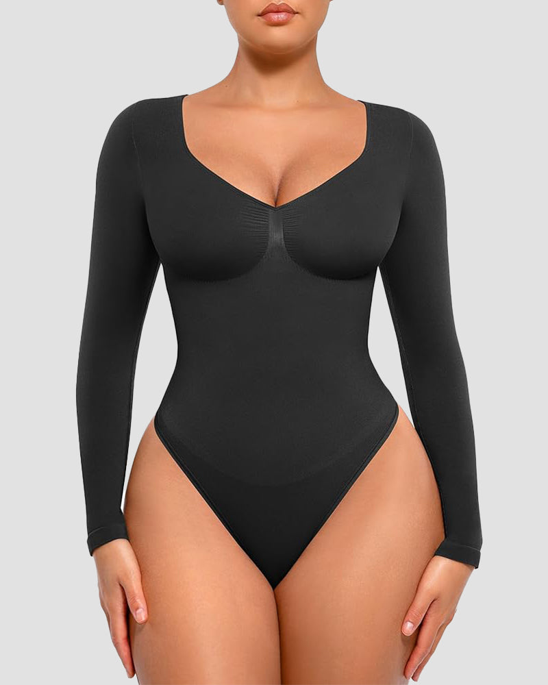 Sleek Long-Sleeve Shaping Bodysuit: Tummy Control, Soft, Versatile Diamond Neckline