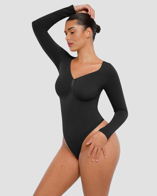 Sleek Long-Sleeve Shaping Bodysuit: Tummy Control, Soft, Versatile Diamond Neckline