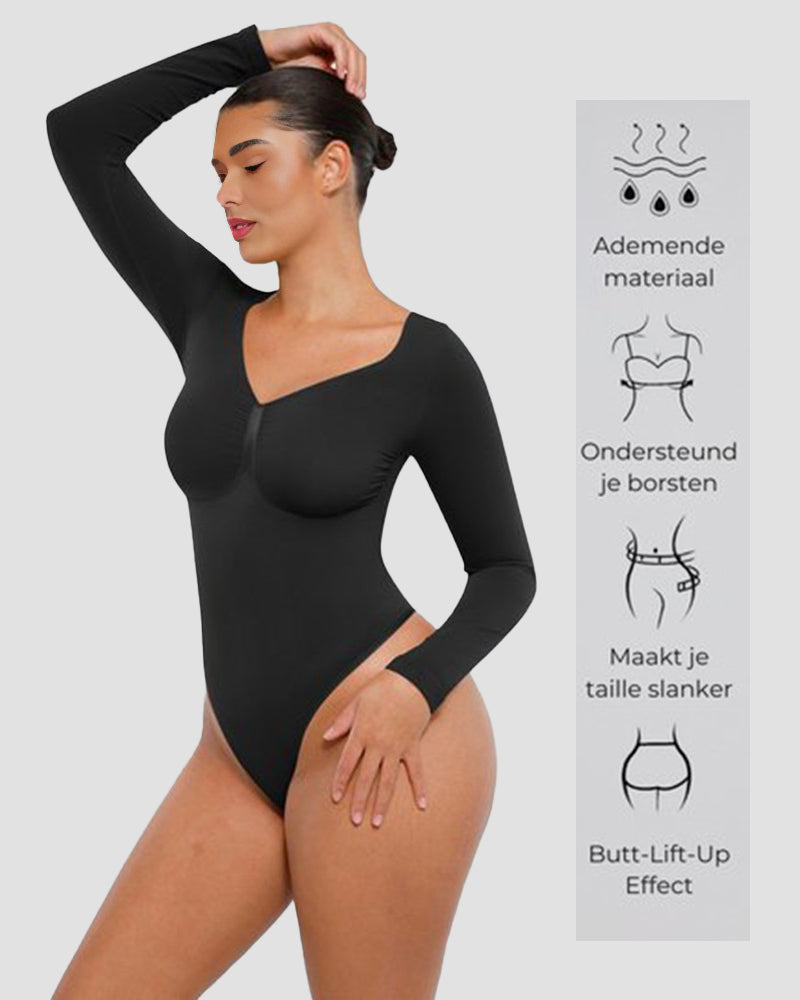 Sleek Long-Sleeve Shaping Bodysuit: Tummy Control, Soft, Versatile Diamond Neckline