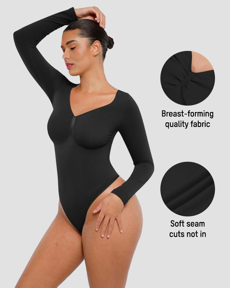 Sleek Long-Sleeve Shaping Bodysuit: Tummy Control, Soft, Versatile Diamond Neckline