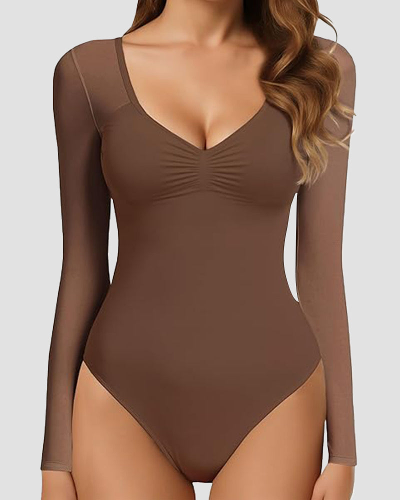 Sleek Long-Sleeve Shaping Bodysuit: Tummy Control, Soft, Versatile Diamond Neckline