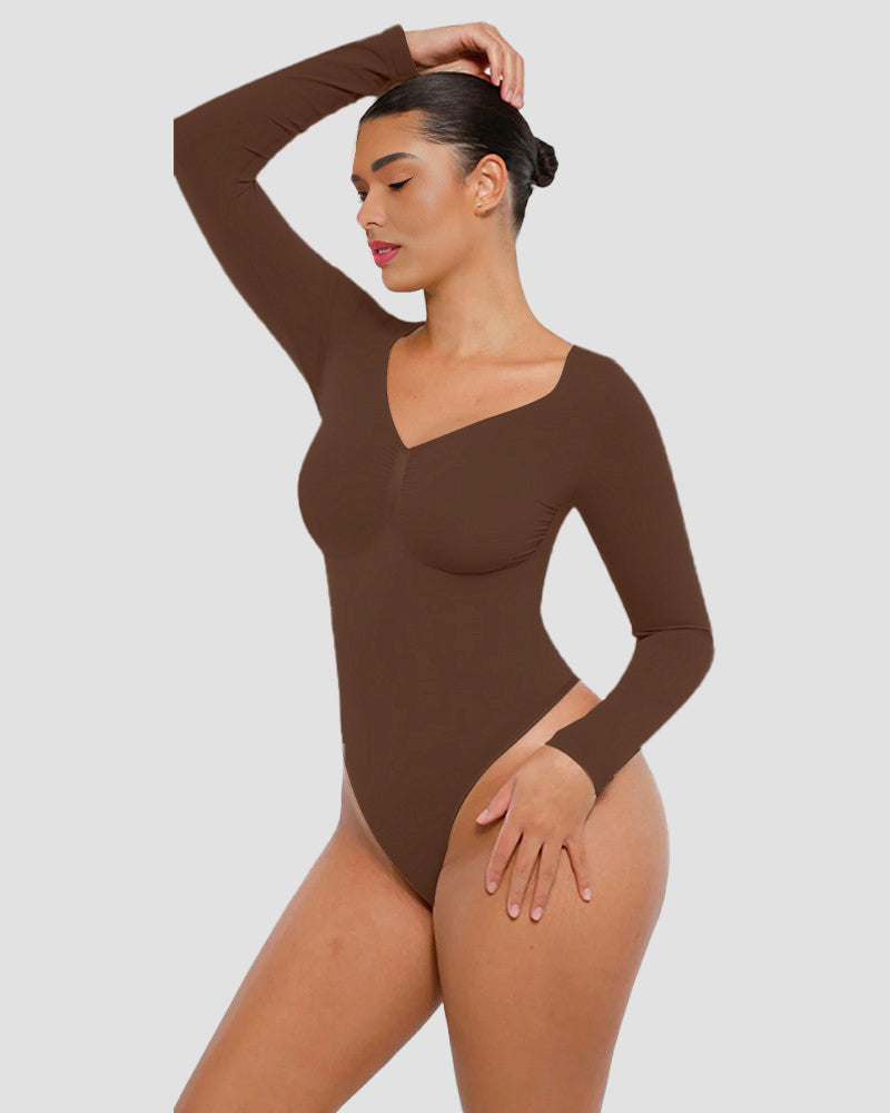 Sleek Long-Sleeve Shaping Bodysuit: Tummy Control, Soft, Versatile Diamond Neckline