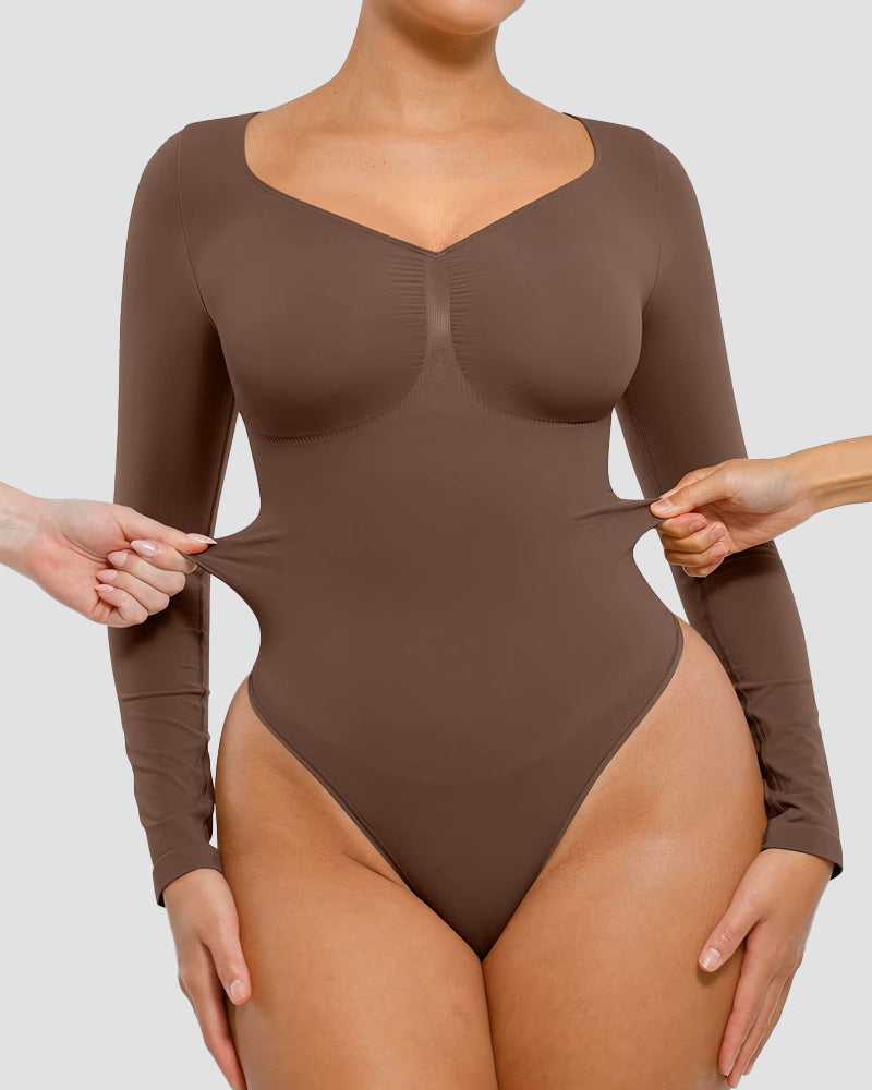 Sleek Long-Sleeve Shaping Bodysuit: Tummy Control, Soft, Versatile Diamond Neckline