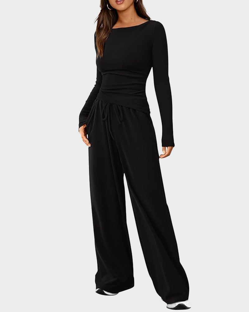 Comfortable Chic Asymmetrical Long Sleeve Top Wide Leg Pants Lounge Set
