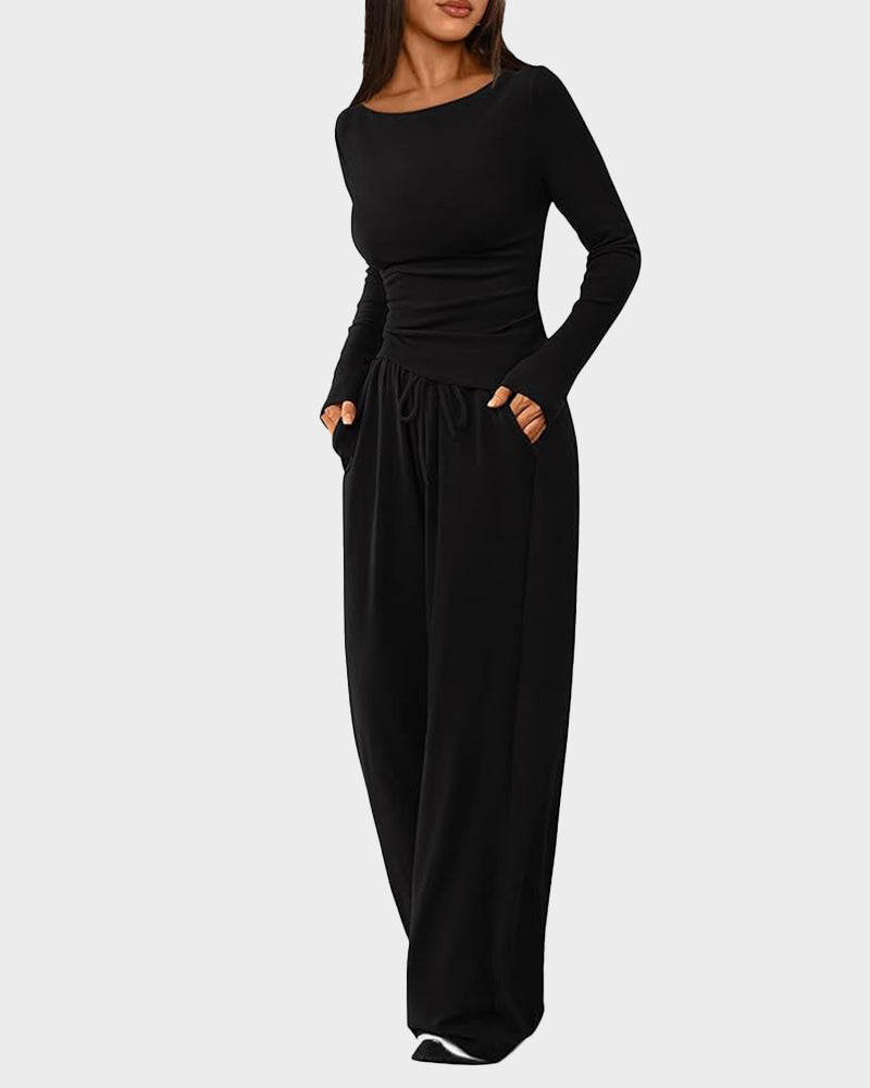 Comfortable Chic Asymmetrical Long Sleeve Top Wide Leg Pants Lounge Set