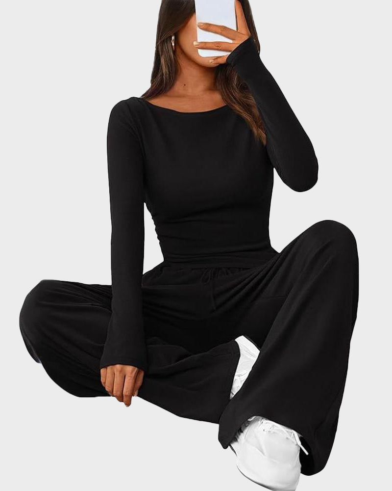 Comfortable Chic Asymmetrical Long Sleeve Top Wide Leg Pants Lounge Set