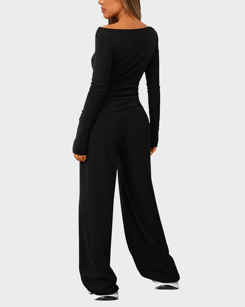 Comfortable Chic Asymmetrical Long Sleeve Top Wide Leg Pants Lounge Set