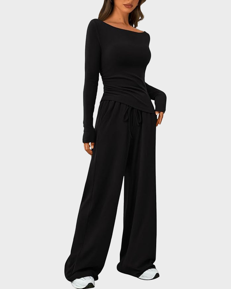 Comfortable Chic Asymmetrical Long Sleeve Top Wide Leg Pants Lounge Set