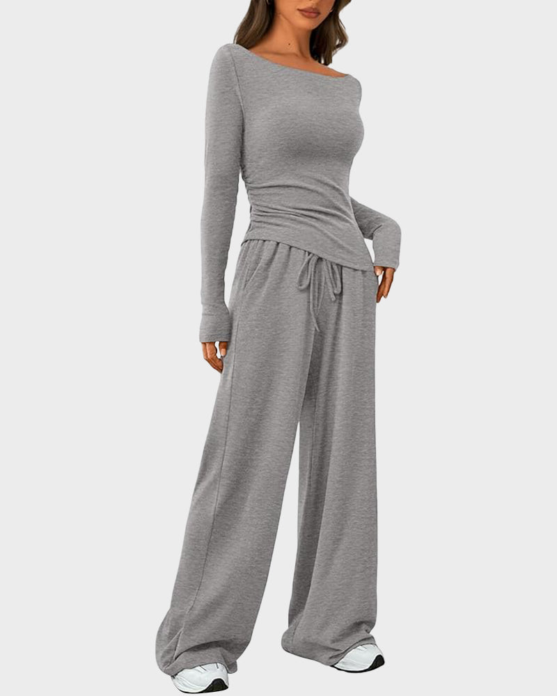 Comfortable Chic Asymmetrical Long Sleeve Top Wide Leg Pants Lounge Set