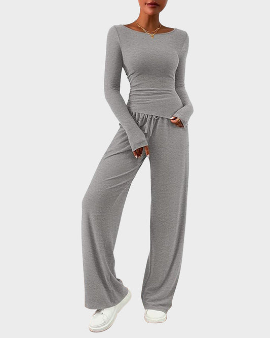 Comfortable Chic Asymmetrical Long Sleeve Top Wide Leg Pants Lounge Set