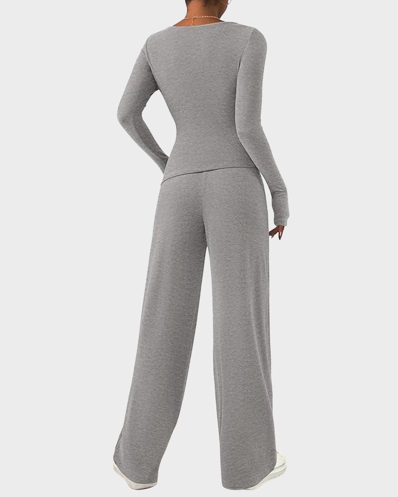 Comfortable Chic Asymmetrical Long Sleeve Top Wide Leg Pants Lounge Set