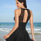 Flattering Mesh Skirt One-Piece Swimsuit with Built-in Bikini, Halter/Crew Neck