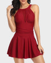 Flattering Mesh Skirt One-Piece Swimsuit with Built-in Bikini, Halter/Crew Neck